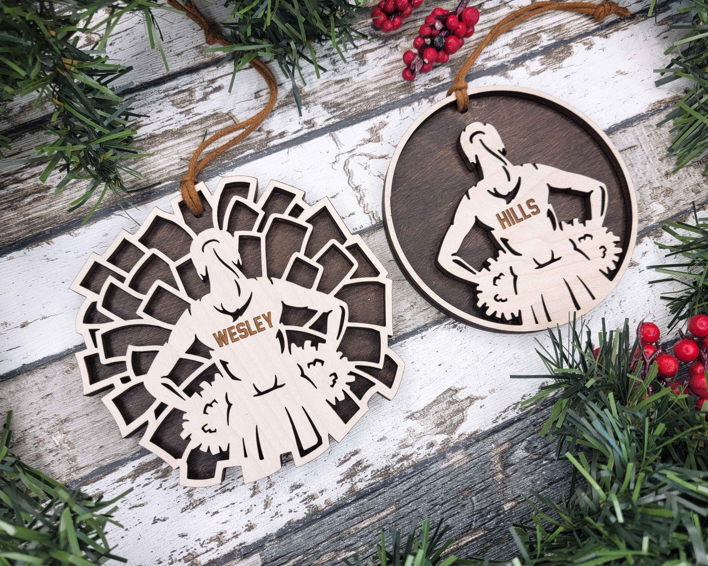 a couple of wooden ornaments sitting on top of a wooden table