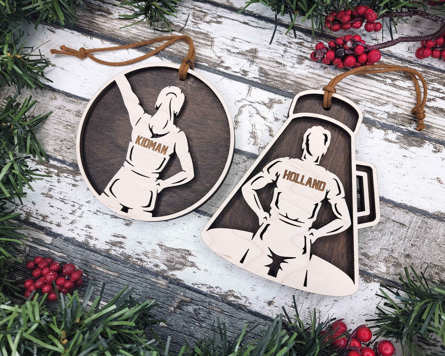 two wooden tags with a picture of a woman holding a beer
