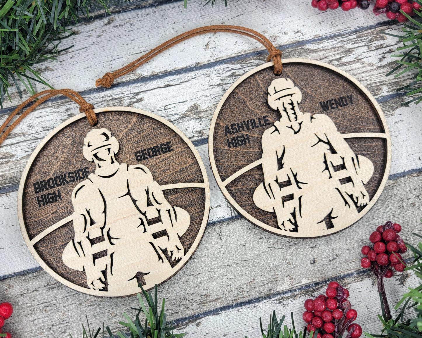 a couple of wooden ornaments sitting on top of a wooden table
