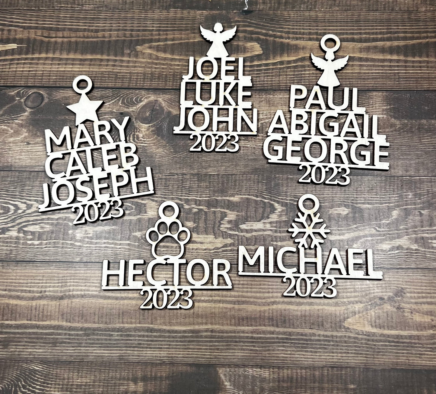 Personalized Family Name Christmas Ornament with Tree Design and Multiple Topper Options - Star, Angel, Snowflake or Pet Paw