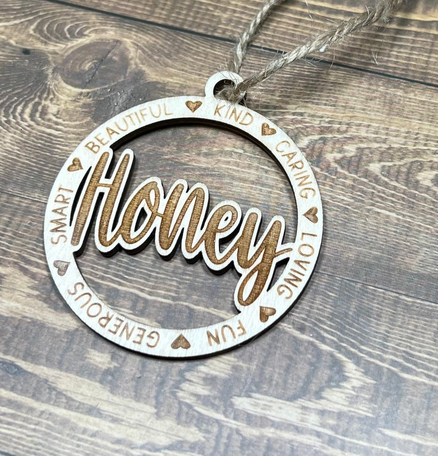 Honey Ornament ,Personalized Ornament, Wooden Family Ornament , Laser Engraved Wood Ornament