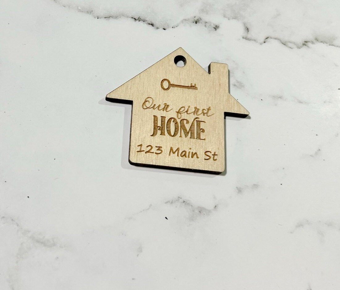 Our First Home Keychain, Home with a Key, Laser Engraved Keychain, bag tag, gift for her, gift for him ,