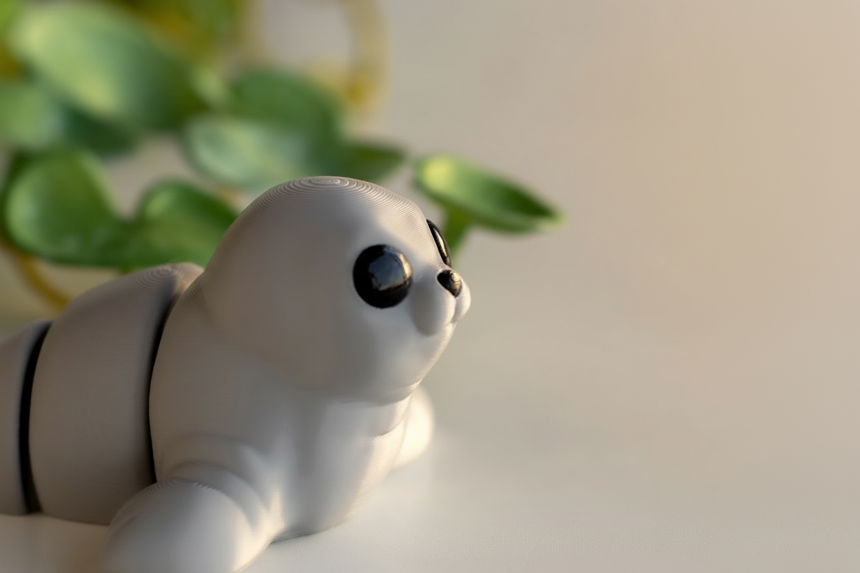 A close-up of a small, white, cartoon-like toy with large black eyes and a small nose, sitting on a white surface.
