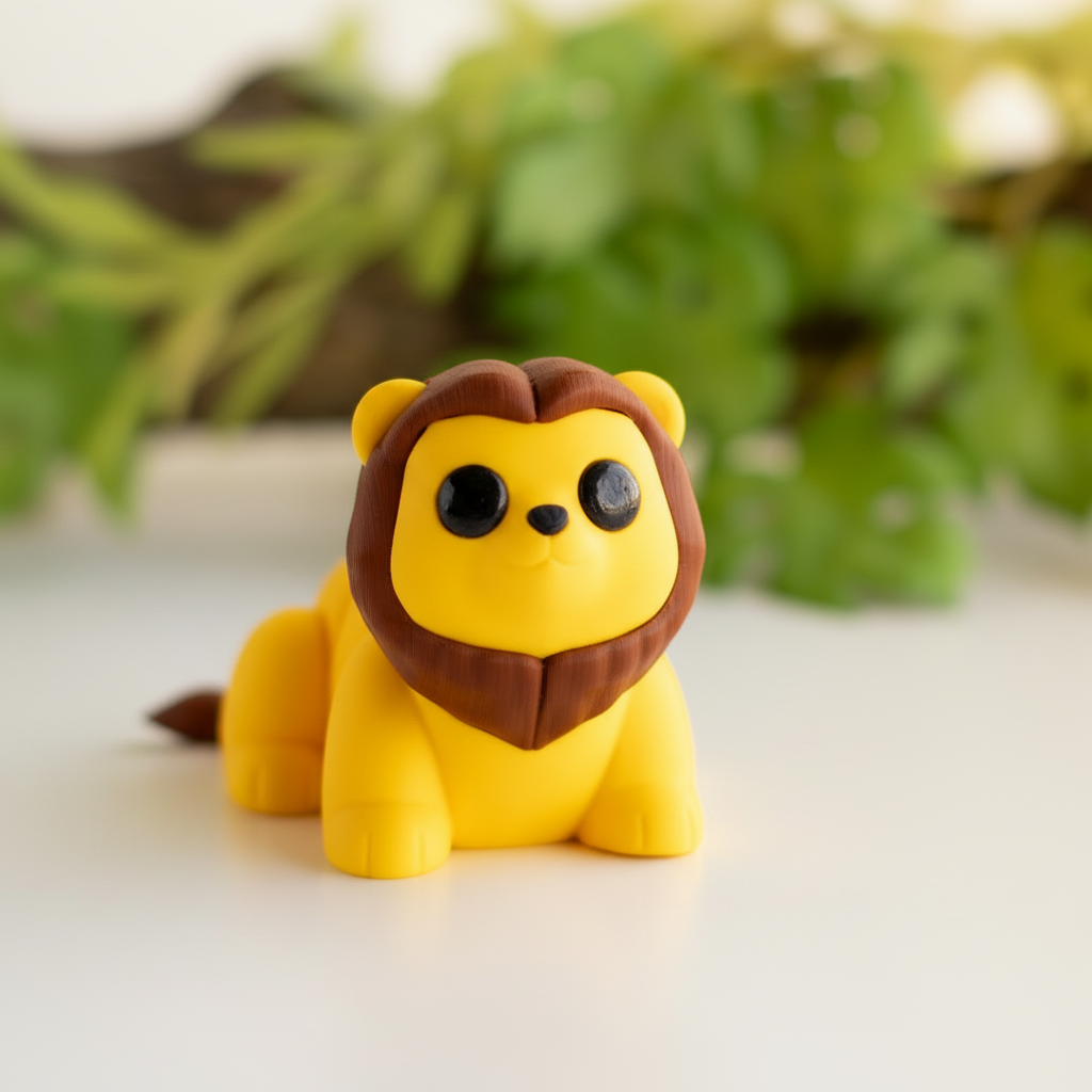 A yellow lion figurine with a brown mane is sitting on a white surface, with green foliage in the background.