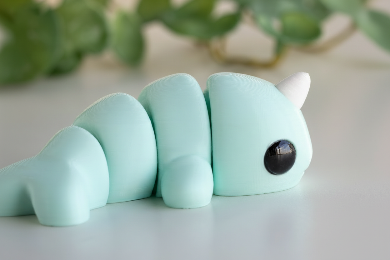 A light blue, three-dimensional toy resembling a caterpillar or chameleon is shown on a white surface, with a blurred green plant in the background.