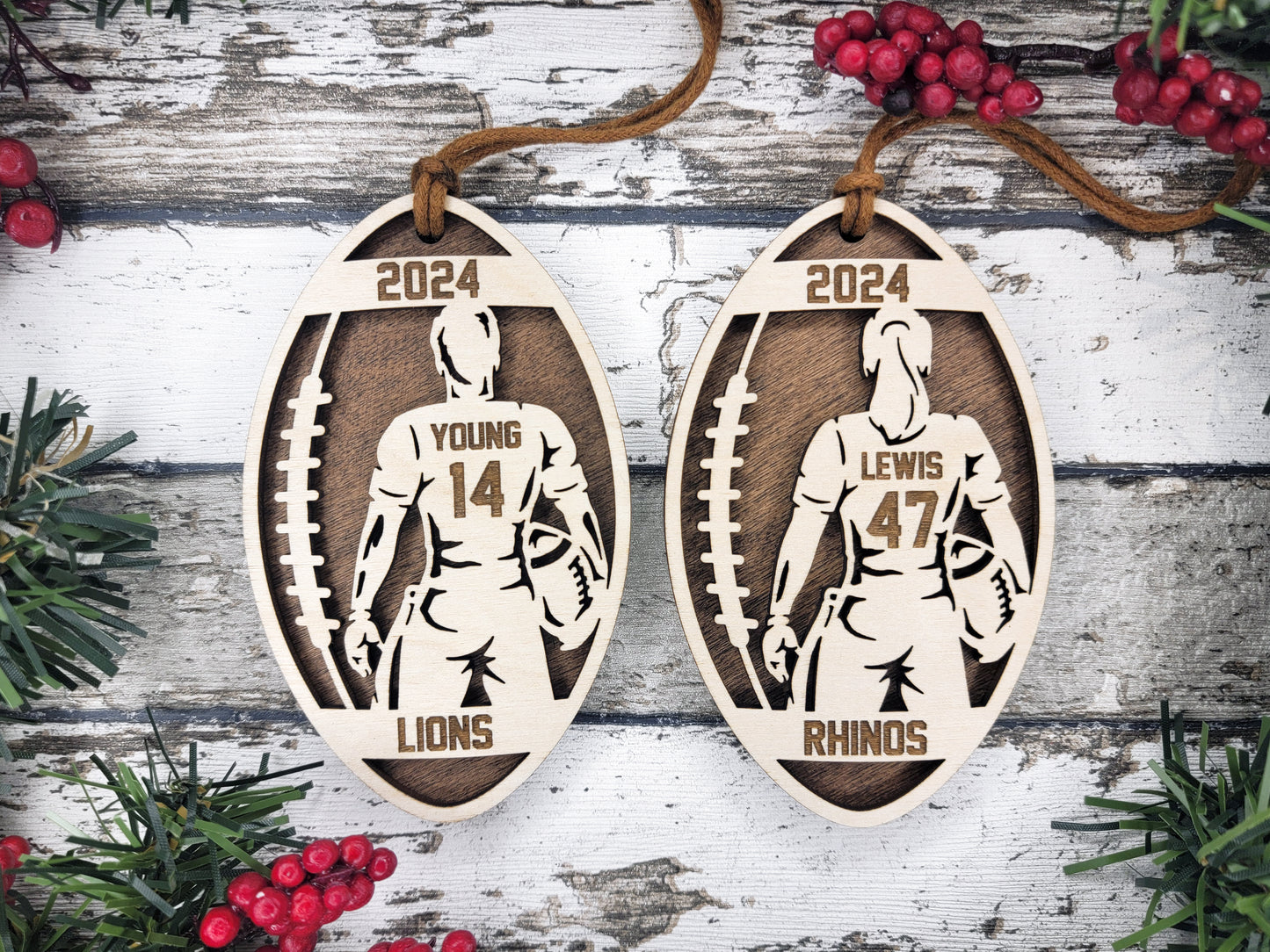 a pair of wooden ornaments with a football player on them