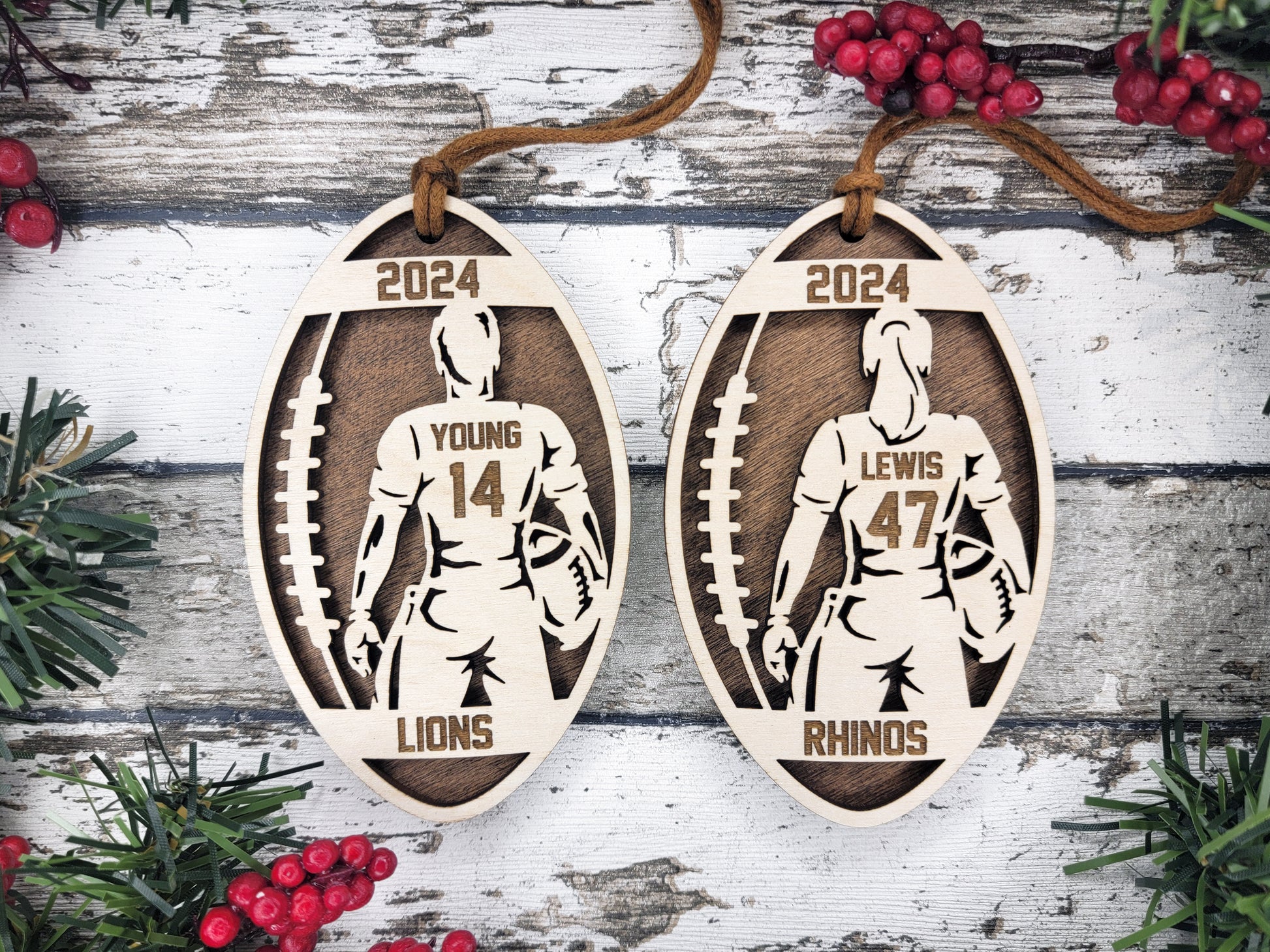 a pair of wooden ornaments with a football player on them