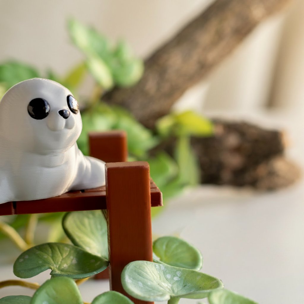 A small white seal figurine is sitting on a wooden bench, surrounded by green leaves and branches.