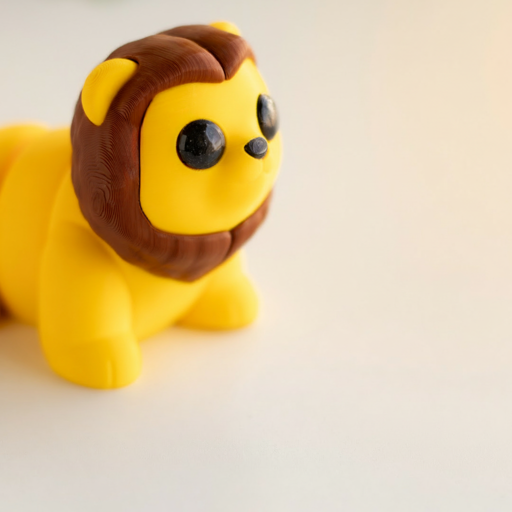 A yellow lion figurine with a brown mane and eyes is sitting on a white surface.
