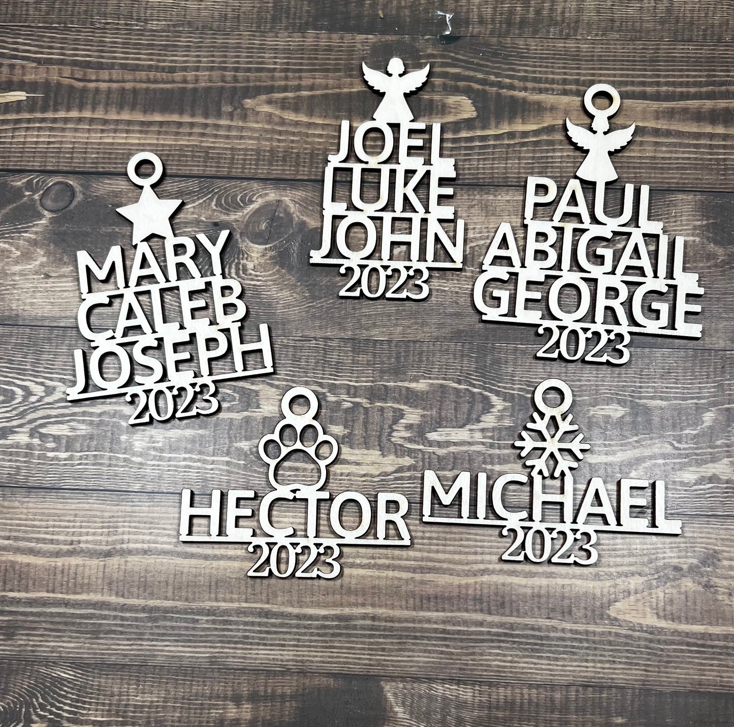 Personalized Family Name Christmas Ornament with Tree Design and Multiple Topper Options - Star, Angel, Snowflake or Pet Paw