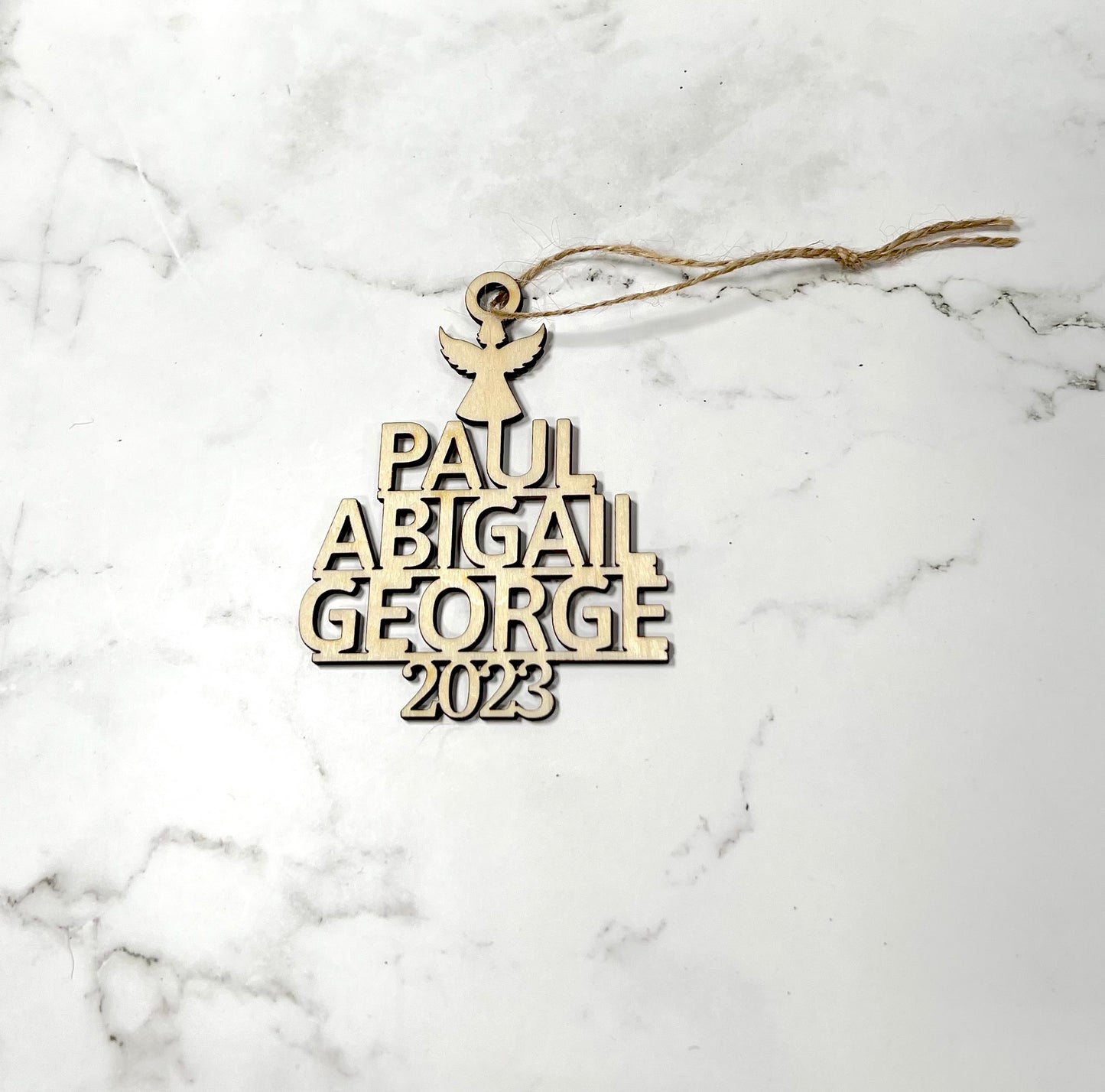 Personalized Family Name Christmas Ornament with Tree Design and Multiple Topper Options - Star, Angel, Snowflake or Pet Paw