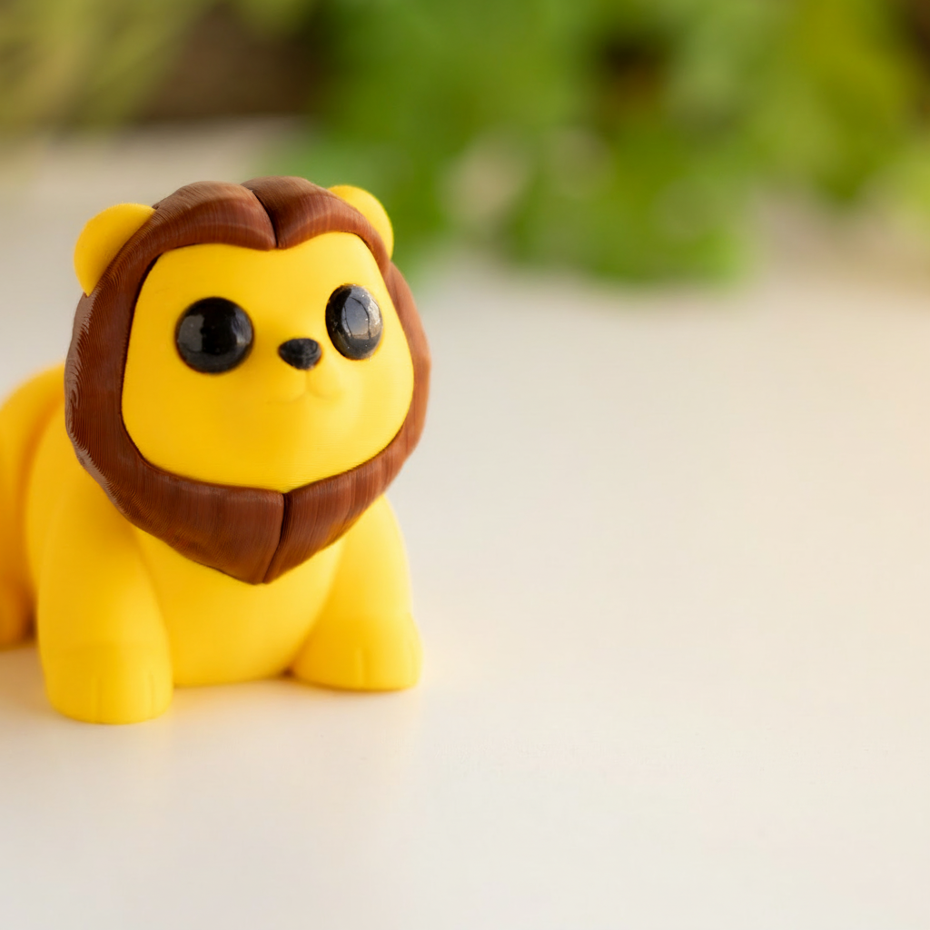 A yellow lion figurine with a brown mane and eyes is sitting on a white surface, with a blurred green background.
