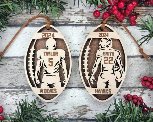 two wooden plaques with a football player on them