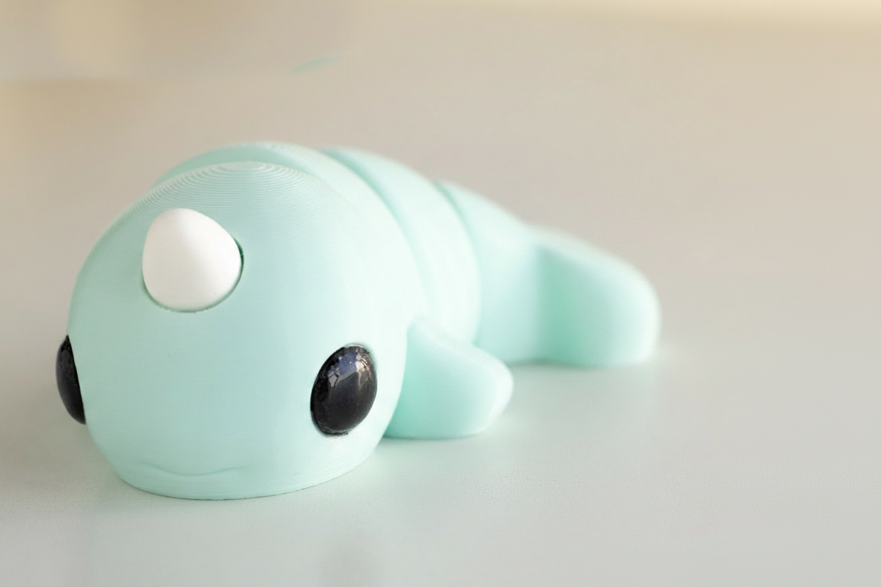 A light blue toy resembling a small sea creature with two black eyes and a white horn on its head.