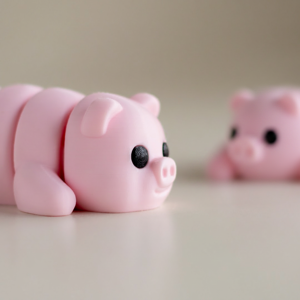 A close-up image of a pink toy pig with black eyes and a black nose, sitting on a white surface.