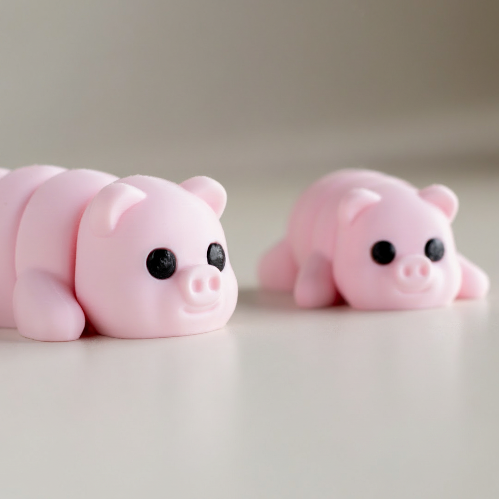 Two pink toy pigs on a white surface, one lying down and the other sitting.