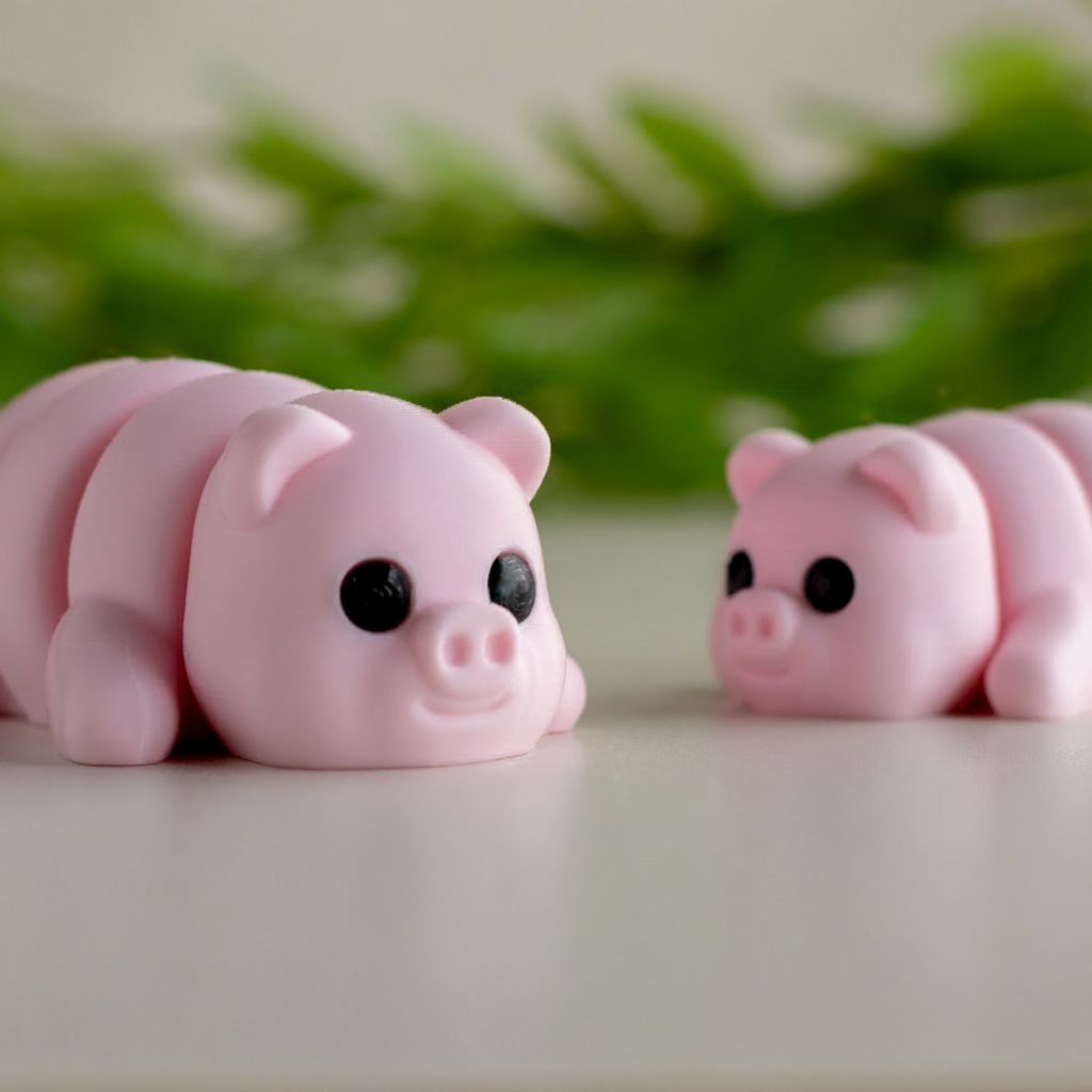 Two pink toy pigs are sitting on a white surface, with a blurred green background.
