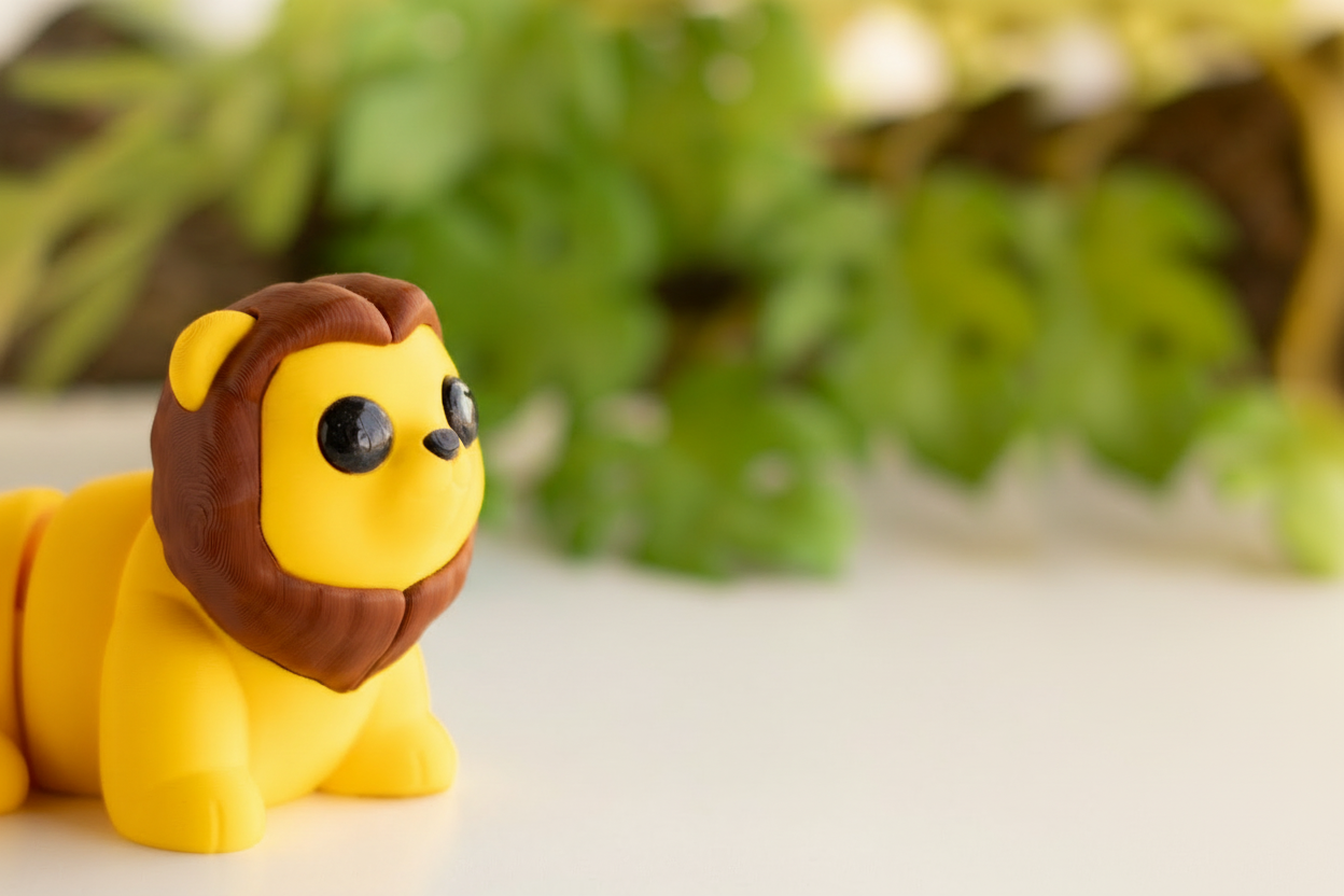 A yellow lion figurine with a brown mane is sitting on a white surface, with green foliage in the background.