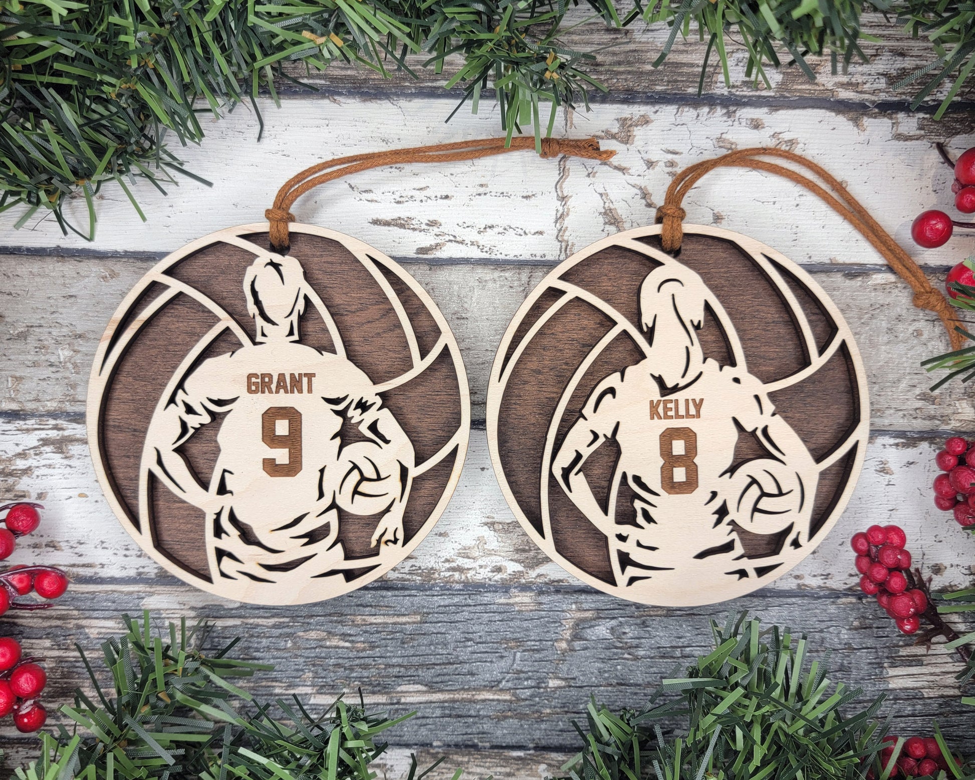 a couple of wooden ornaments sitting on top of a wooden table