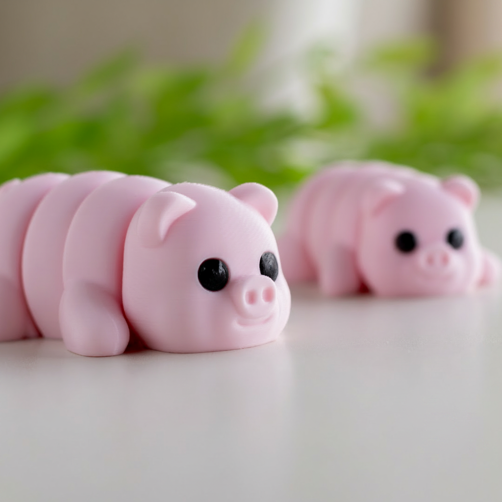 two pink toy pigs sitting on a white surface.