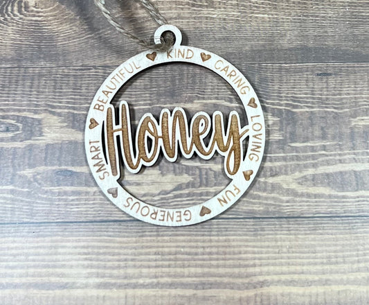 Honey Ornament ,Personalized Ornament,  Wooden Family Ornament ,  Laser Engraved Wood Ornament