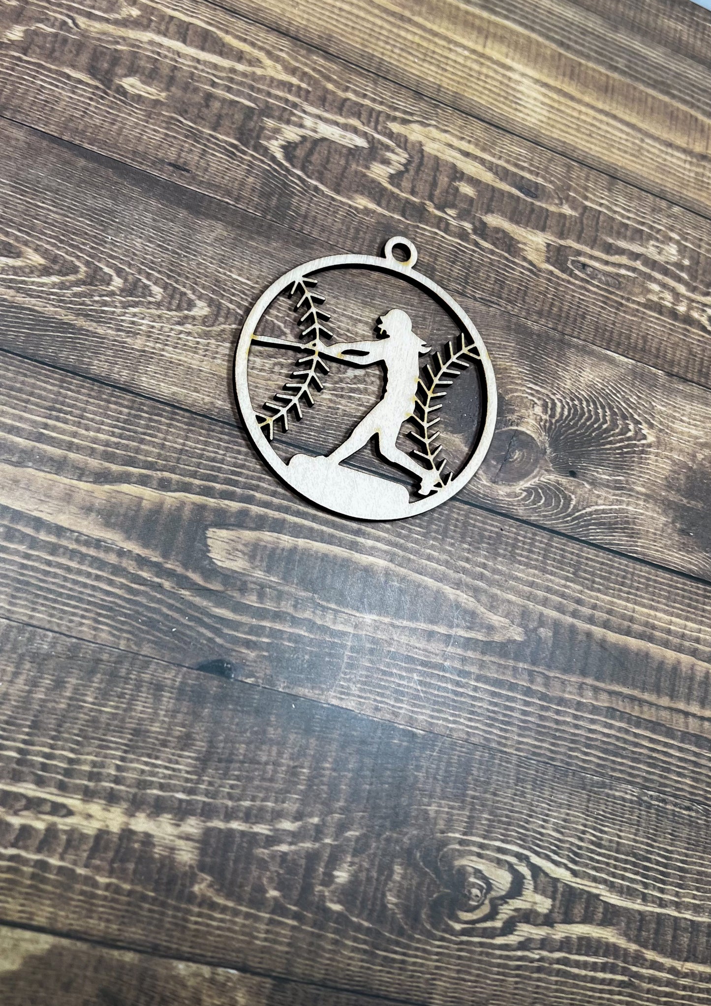 Softball Ornament, Wooden Sports Ornament, Sports Ornament, Engraved Ornament, Laser Engraved Wood Ornament