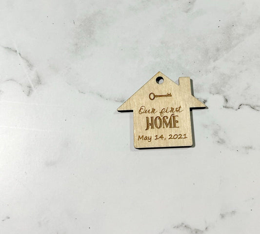 Our First Home Keychain, Home with a Key, Laser Engraved Keychain, bag tag,  gift for her, gift for him ,