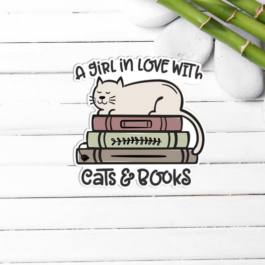 A girl in love with Cat & Books, Sticker,Vinyl sticker, laptop sticker